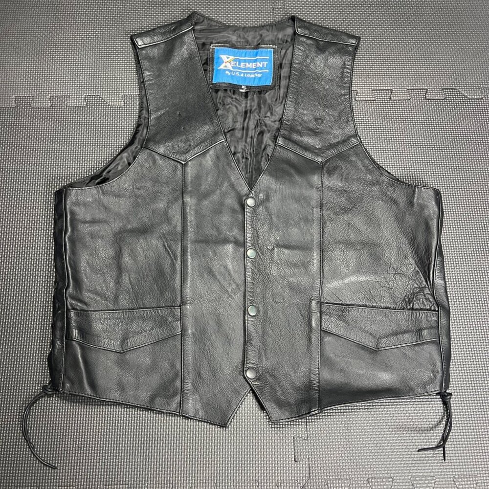 Xelement By USA Leather Mens XL Black Leather Motorcycle Vest With Eagle Embosse